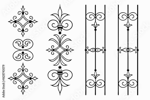 Ornamental ironwork designs with flourish elements and decorative metal accents