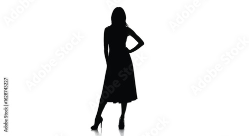 Dark silhouette of confident woman in dress and heels, posing with hand on hip, representing power