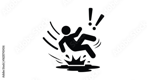 Falling stick figure with exclamation marks on a slippery surface, caution and accident prevention