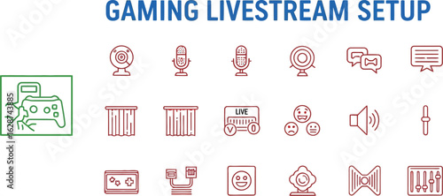 Collection of Minimalist Line Icons Representing Gaming Livestream Setup Equipment, Including Webcam, Microphone