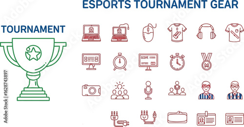 Line Art Illustration of Esports Tournament Gear, Featuring Trophy, Laptop
