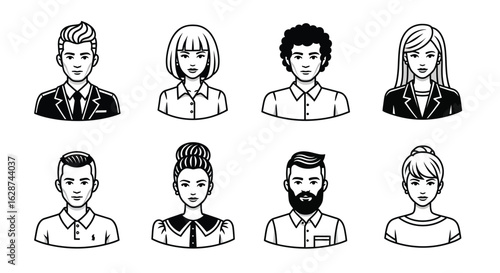 Diverse people avatars, collection of eight outlined portraits of men and women, representing various ethnicities and professional styles