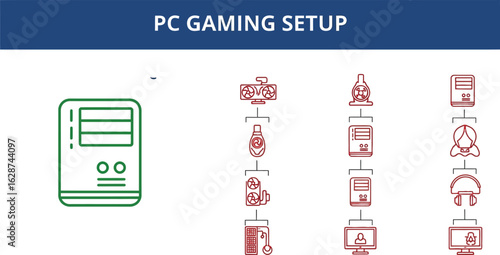 Line Art of a Gaming PC Setup Featuring a Tower, Graphics Card, Water Cooler