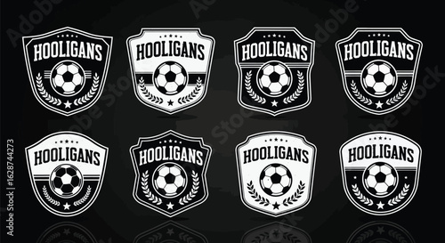 Collection of soccer hooligans emblems, featuring shields, soccer balls