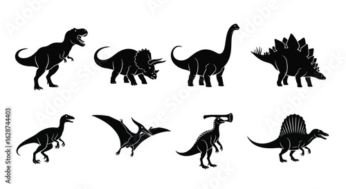 Ssorted dinosaur silhouettes, including Tyrannosaurus Rex, Triceratops