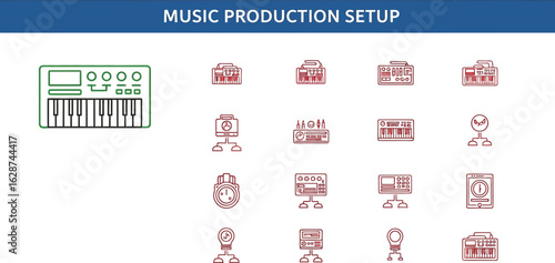 Line Art Illustration of Music Production Setup Featuring MIDI Keyboard, Synthesizer, Mixer