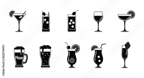 Collection of various alcoholic beverages, including cocktails, beer