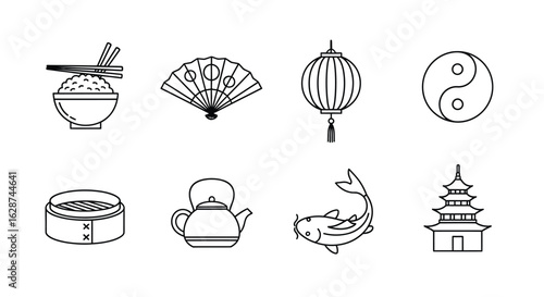 Sian Culture Line Art Icons Featuring Rice Bowl, Fan, Lantern