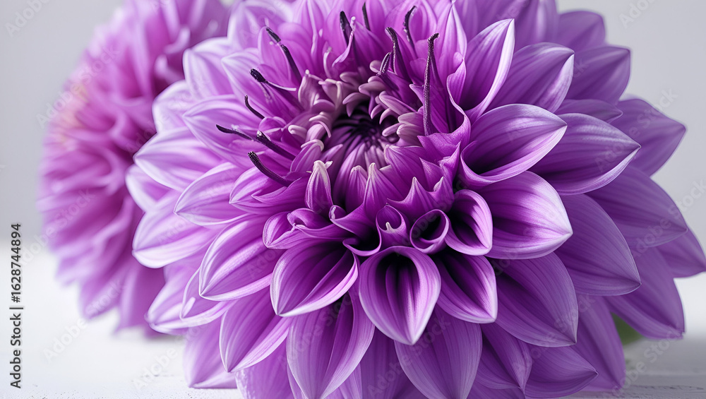 Obraz premium Purple dahlia flower in full bloom on white background showcasing its vibrant layers and intricate textures
