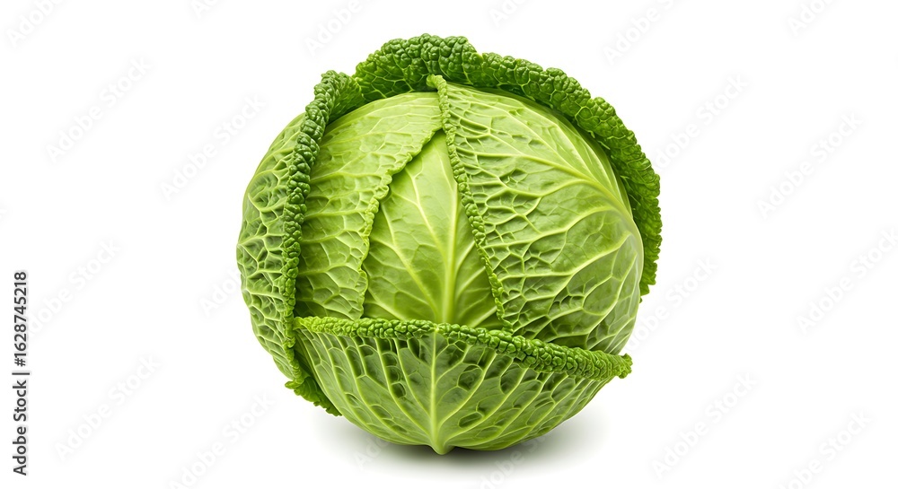 Fototapeta premium A single head of savoy cabbage with textured leaves isolated against a plain white background studio shot ai generative