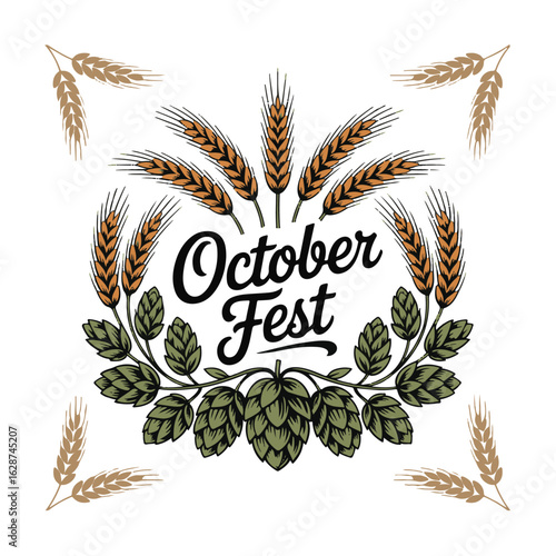 October Fest wreath with wheat and hops on white background Keywords: October Fest, Oktoberfest, beer festival