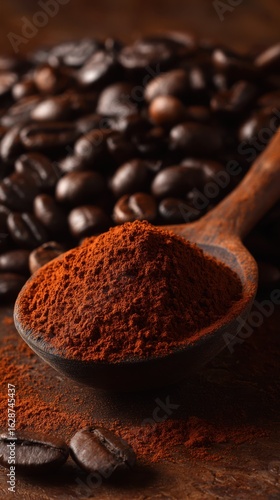 A rustic wooden spoon filled with rich instant coffee powder beside dark roasted coffee beans