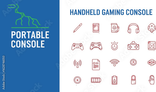 Collection of Isolated Handheld Gaming Console Icons Featuring Stylus Pen, Game Cartridge, Headphones