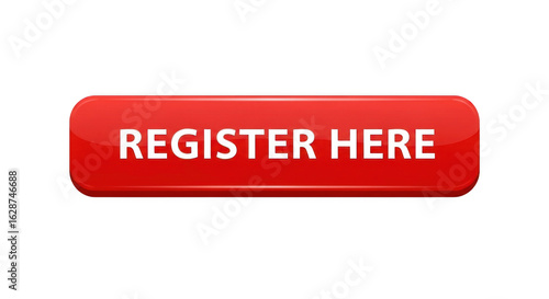 A glossy red register here button isolated on transparent background