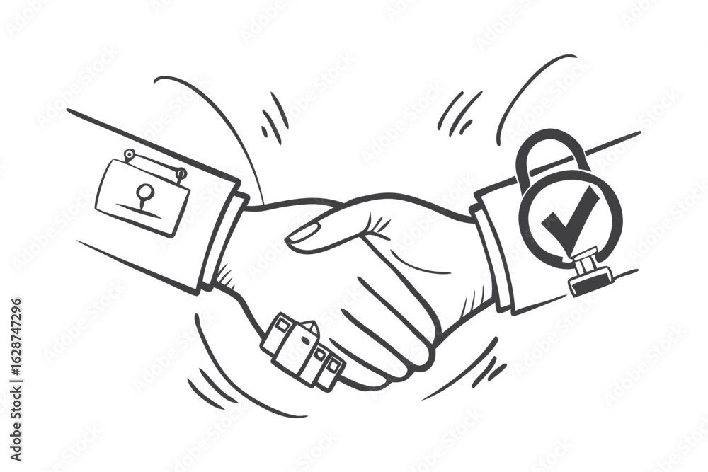 Fototapeta premium Bold Outline Handshake Shaped as Secure Lock — Trusted Business Partnerships and Security Visualization