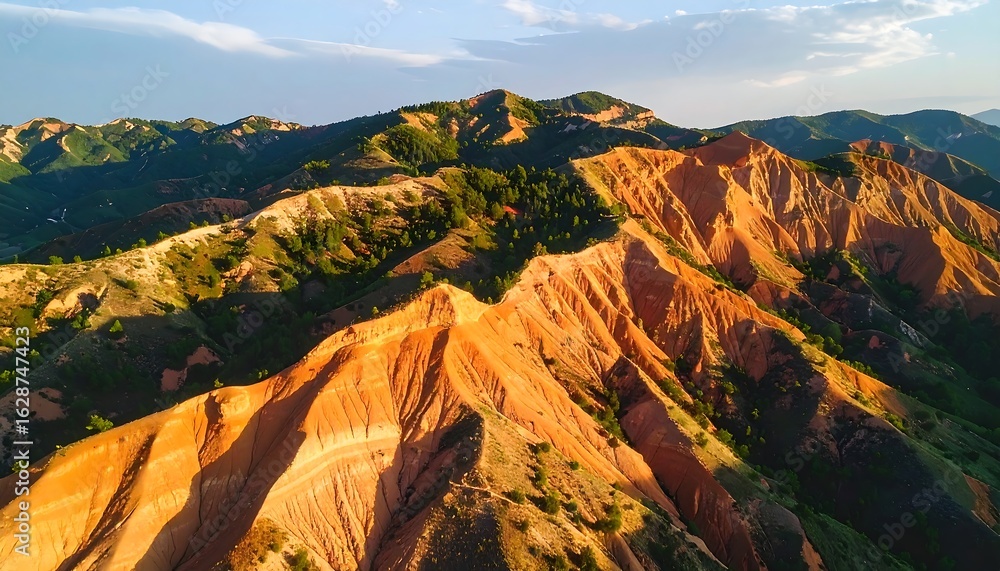 Fototapeta premium Aerial View of Rolling Hills with Red Rock Formations and Scattered Green Trees