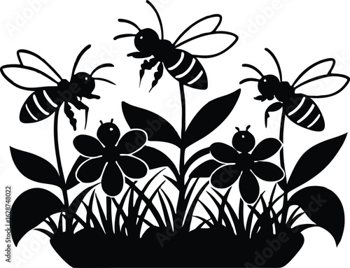 Silhouette of Bees Hovering in Vibrant Flower Bed