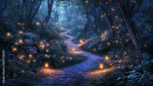 A fantasy forest at night is shrouded in darkness except for the soft glow of lights