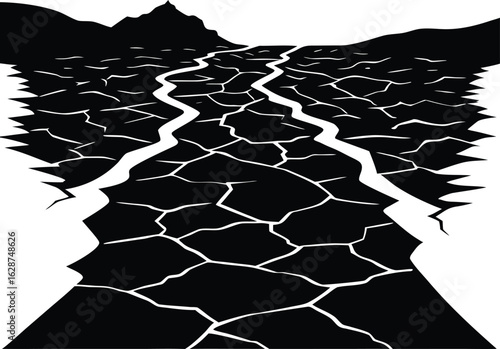 Silhouette of Dried Riverbed in Arid Landscape