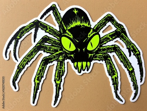 A cheesy 1950s B-movie monster sticker features a giant radioactive ant with googly eyes, glowing green acid drips, on a cardboard city background, comic book dots shading.