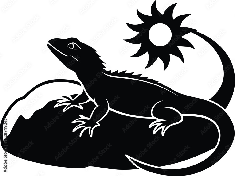 Fototapeta premium Silhouette of Lizard Resting on Sunlit Rock