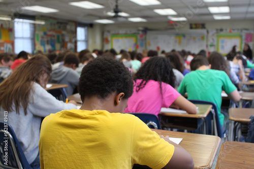 A classroom full of students are sitting at their desks
