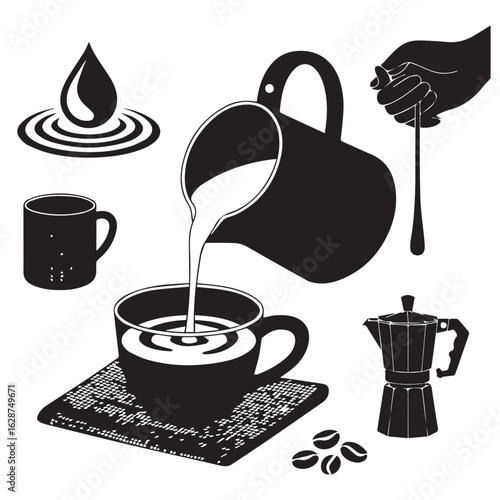Black and white illustration of pouring milk into coffee cup with coffee beans and moka pot nearby