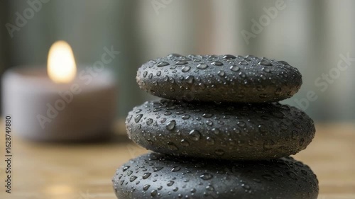 Spa stones stacked with drops and candle in soft light background  