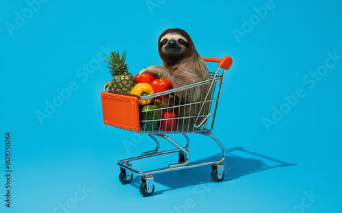 Funny sloth sitting in shopping cart full of fruits and vegetables on blue background, surreal minimal concept. Perfect for advertising, branding, healthy lifestyle campaigns and creative marketing.
