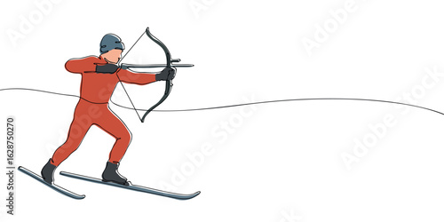 One line colored drawing of a ski archery athlete aiming with bow and arrow while skiing. Minimalist linear illustration. Winter sport and Olympic games concept.