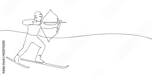 Ski archery athlete shooting arrow while skiing drawn in single continuous line. Minimalist vector illustration on white background. Winter sport and biathlon alternative concept for design and print.