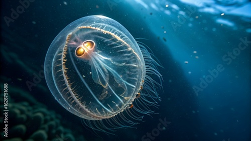 Deep-sea creature eye with bioluminescent retina — transparent spherical eye with internal glowing membranes adapted to darkness