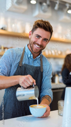 Smiling Barista Pouring Milk into Coffee Cup in Stylish Café