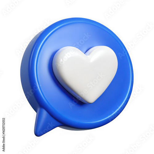 A 3d rendered blue speech bubble icon featuring a white heart symbol isolated on transparent background