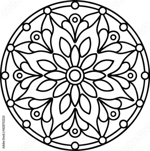 Detailed Floral Mandala Pattern, Black and White Outline for Coloring, Meditation, and Design.                                                        