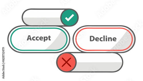 stylized accept and decline buttons with check and cross icons isolated on white background