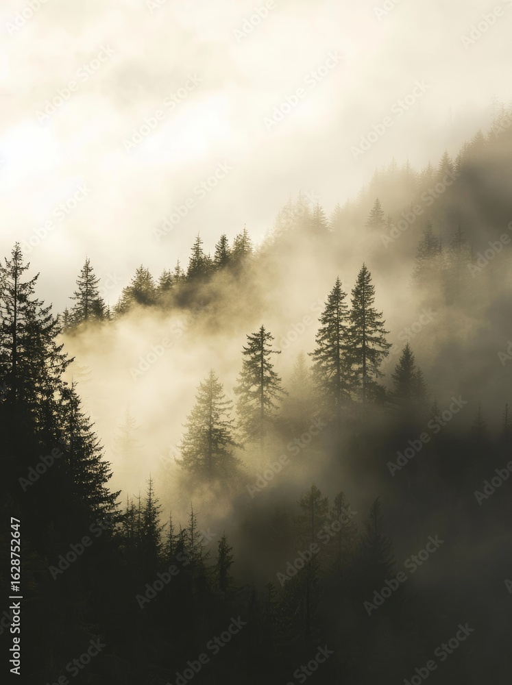 Fototapeta premium A foggy forest view displays dark old pine green alongside fresh new spring green