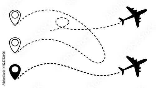 airplane flight routes with location pins and dotted path lines for travel mapping isolated on white background.