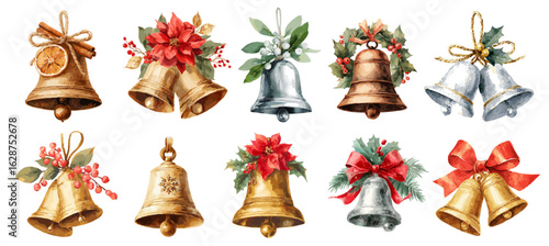 Golden and silver christmas bells. Watercolor bell decorated with bow, orange and cinnamon, holly wreath, mistletoe. Vector illustration