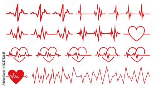 medical heartbeat pulse line graphics and heart rhythm patterns for healthcare design isolated on white background.