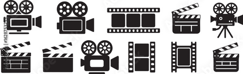 video icons. shooting set icon. Film shooting, camera, old film, clapboard symbol for app, website, design element. movie concept. vector illustration on transparent background.