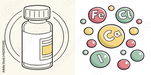 medicine bottle pills vitamins supplements illustration healthcare pharmacy medical design colorful tablets