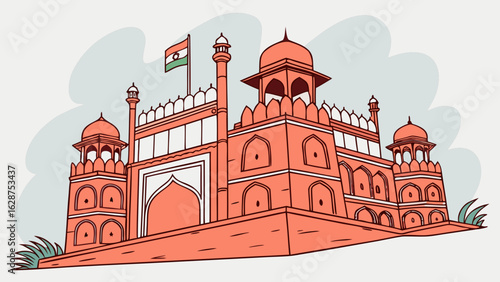 red fort lal qila delhi india illustration mughal architecture historical monument design