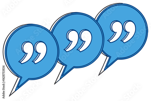 three blue speech bubbles with quotation marks dialogue chat conversation illustration design and isolated on white background.