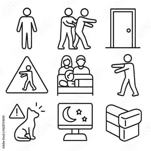 Sleepwalking Safety Icons. Outline style icons of Sleepwalking Care: sleepwalker silhouette, guiding a sleepwalker, closed bedroom