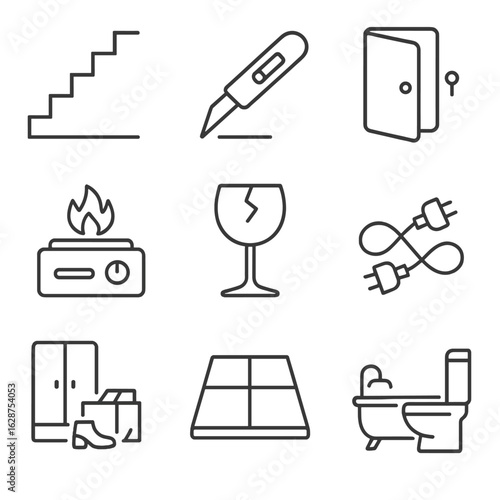 Sleepwalking Hazards Icons. Outline style icons of Sleepwalking Risks and Hazards: open staircase, sharp object on floor, unlocked