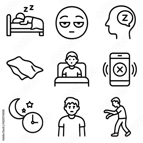 Sleepwalking Signs Icons. Outline style icons of Early Signs of Sleepwalking: restless sleep icon, half-open eyes, sleep talking