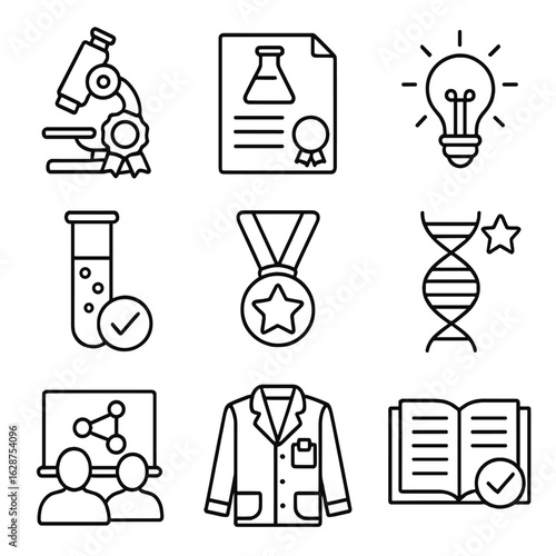 Scientific Achievement Icons. Outline style icons of Scientific Achievement: microscope with ribbon, lab report with seal,