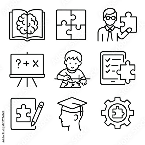 Puzzle Learning Icons. Outline style icons of Puzzle-Based Learning Silhouette: book with brain, academic puzzle, teacher and