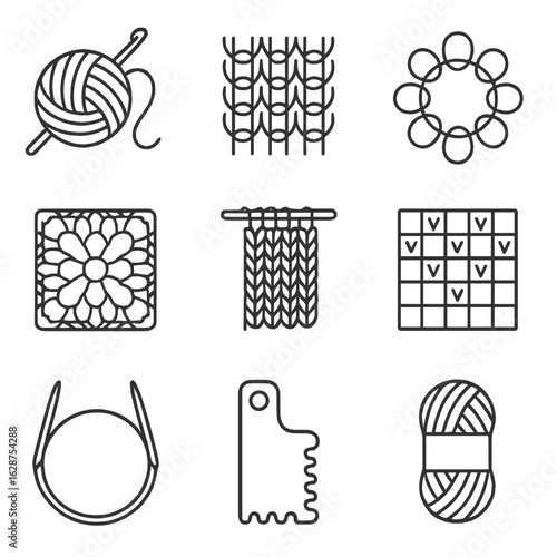 Knitting and Crocheting Icons. Outline style icons of Knitting and Crocheting: yarn with hook, knit stitch pattern, crochet ring,